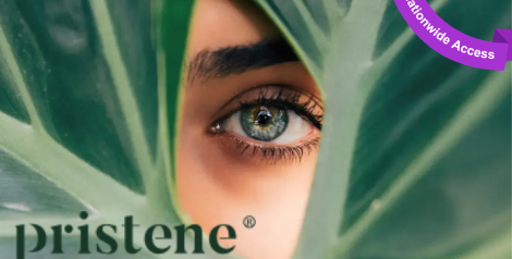 woman's eye looking between leaves with pristene logo on bottom left corner, purple banner right corner reading nationwide access