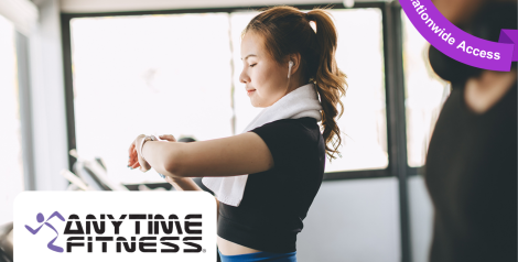 woman with black shirt and blue pants, checking her watch on the treadmill, anytime fitness logo on bottom left corner, purple banner reading nationwide access in top right corner