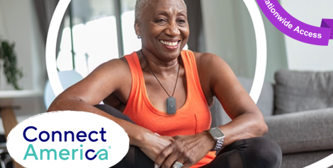 elderly woman in athletic clothing with medical alert alarm on neck with connect america logo on bottom left corner, purple banner top right corner reading nationwide access