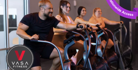 4 people on stationary bikes with Vasa fitness logo on bottom left corner, purple banner top right corner reading nationwide access