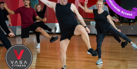group fitness class with enthusiastic male instructor with Vasa fitness logo on bottom left corner, purple banner right corner reading nationwide access