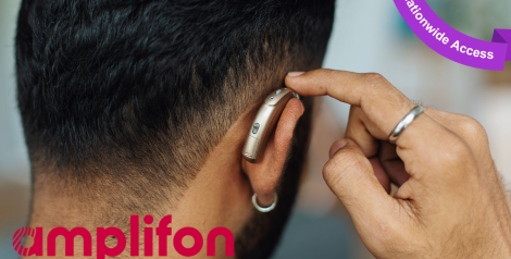 back of man's head with hearing aid and red amplifon logo in bottom left corner, purple banner top right corner reading nationwide access