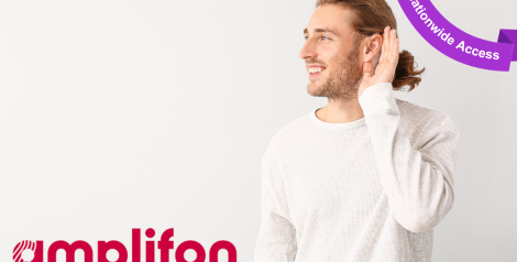 man in white shirt cupping his ear that has a hearing aid with amplifon logo in bottom left corner, purple banner top right corner reading nationwide access