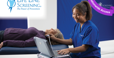 Woman getting an ultrasound of her neck, purple banner top right corner reading nationwide access