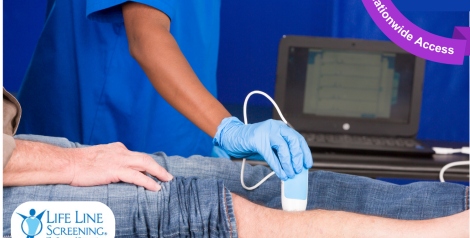 person receiving ultrasound on their leg, purple banner in top right corner reading nationwide access